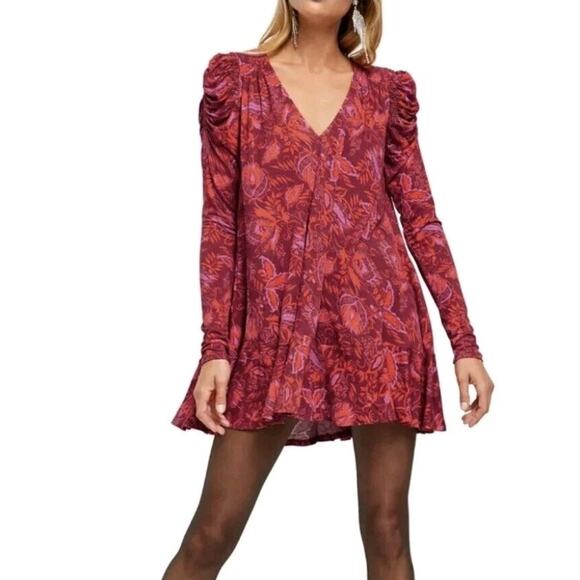 Free People Hello Lover Red Scarlett Floral Print Tunic Dress Sz XS Puff Sleeve - Picture 10 of 12